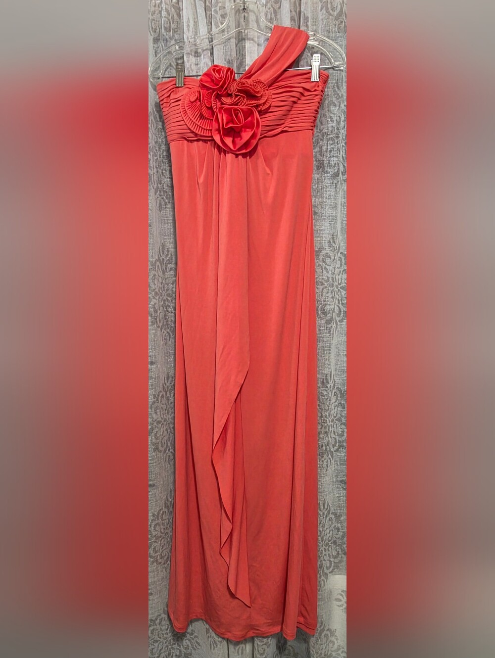 Max & Cleo Coral One Shoulder Rosette Maxi Dress - Sz 2